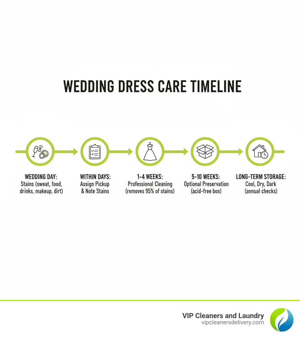 Infographic showing the wedding dress care timeline: Wedding Day (stains occur from sweat, food, drinks, makeup, dirt) → Within Days (assign pickup, note visible stains) → 1-4 Weeks (professional cleaning removes 95% of stains) → 5-10 Weeks (optional preservation in acid-free box) → Long-term Storage (cool, dry, dark location with annual checks) - wedding dress cleaning infographic 