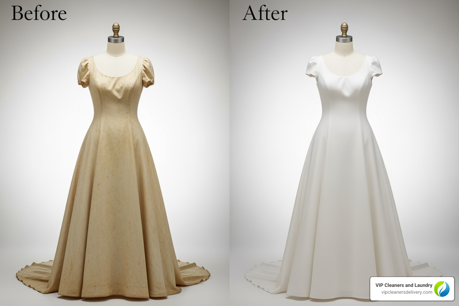 before and after cleaning yellowed wedding dress - wedding dress cleaning