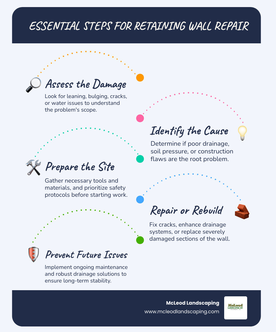 Infographic detailing the essential steps for retaining wall repair, including assessing damage, identifying causes, preparing the site, repairing/rebuilding, and preventing future issues. - Retaining wall repair infographic infographic-line-5-steps-blues-accent_colors
