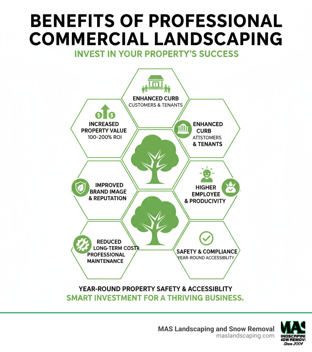 Infographic showing the key benefits of professional commercial landscaping: increased property value by 100-200%, enhanced curb appeal attracting customers and tenants, improved brand image and reputation, higher employee morale and productivity, year-round property safety and accessibility, professional maintenance reducing long-term costs, and compliance with local safety and environmental standards - commercial landscape contractors near me infographic 