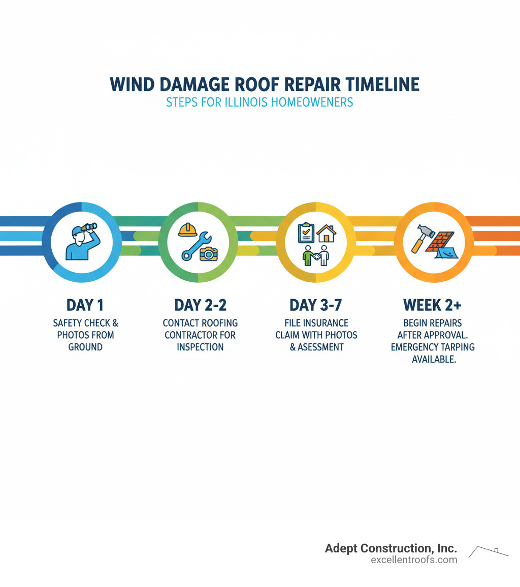Infographic showing the wind damage response timeline: Day 1 - Safety check and photo documentation from ground level; Day 1-2 - Contact licensed roofing contractor for professional inspection; Day 2-3 - File insurance claim with photos and contractor assessment; Day 3-7 - Meet with insurance adjuster alongside your roofer; Week 2+ - Begin repairs after claim approval, with emergency tarping available immediately if needed - wind damage roof repair illinois infographic Infographic showing the wind damage response timeline: Day 1 - Safety check and photo documentation from ground level; Day 1-2 - Contact licensed roofing contractor for professional inspection; Day 2-3 - File insurance claim with photos and contractor assessment; Day 3-7 - Meet with insurance adjuster alongside your roofer; Week 2+ - Begin repairs after claim approval, with emergency tarping available immediately if needed - wind damage roof repair illinois infographic