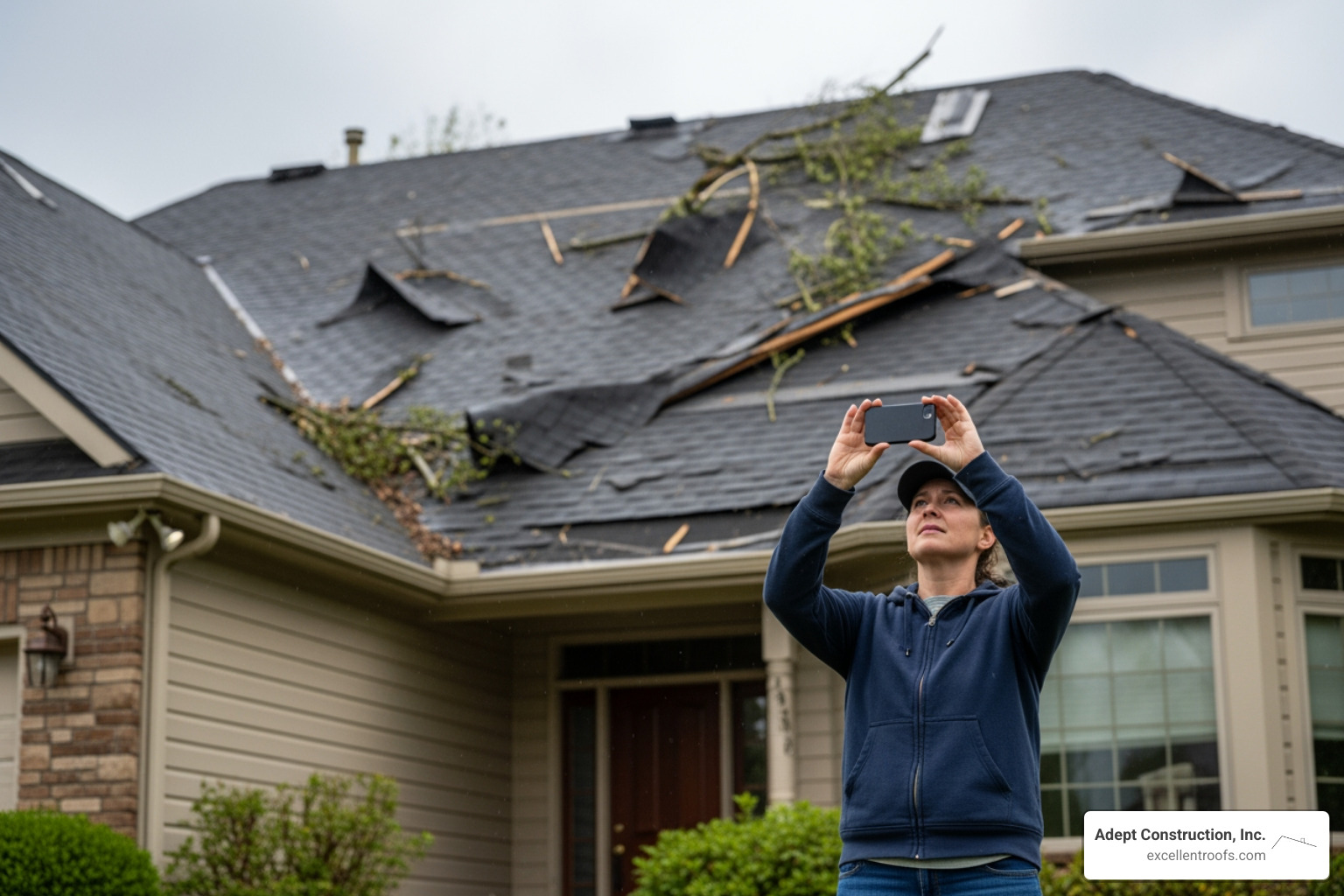 A homeowner safely taking photos of their damaged roof from the ground - wind damage roof repair illinois A homeowner safely taking photos of their damaged roof from the ground - wind damage roof repair illinois