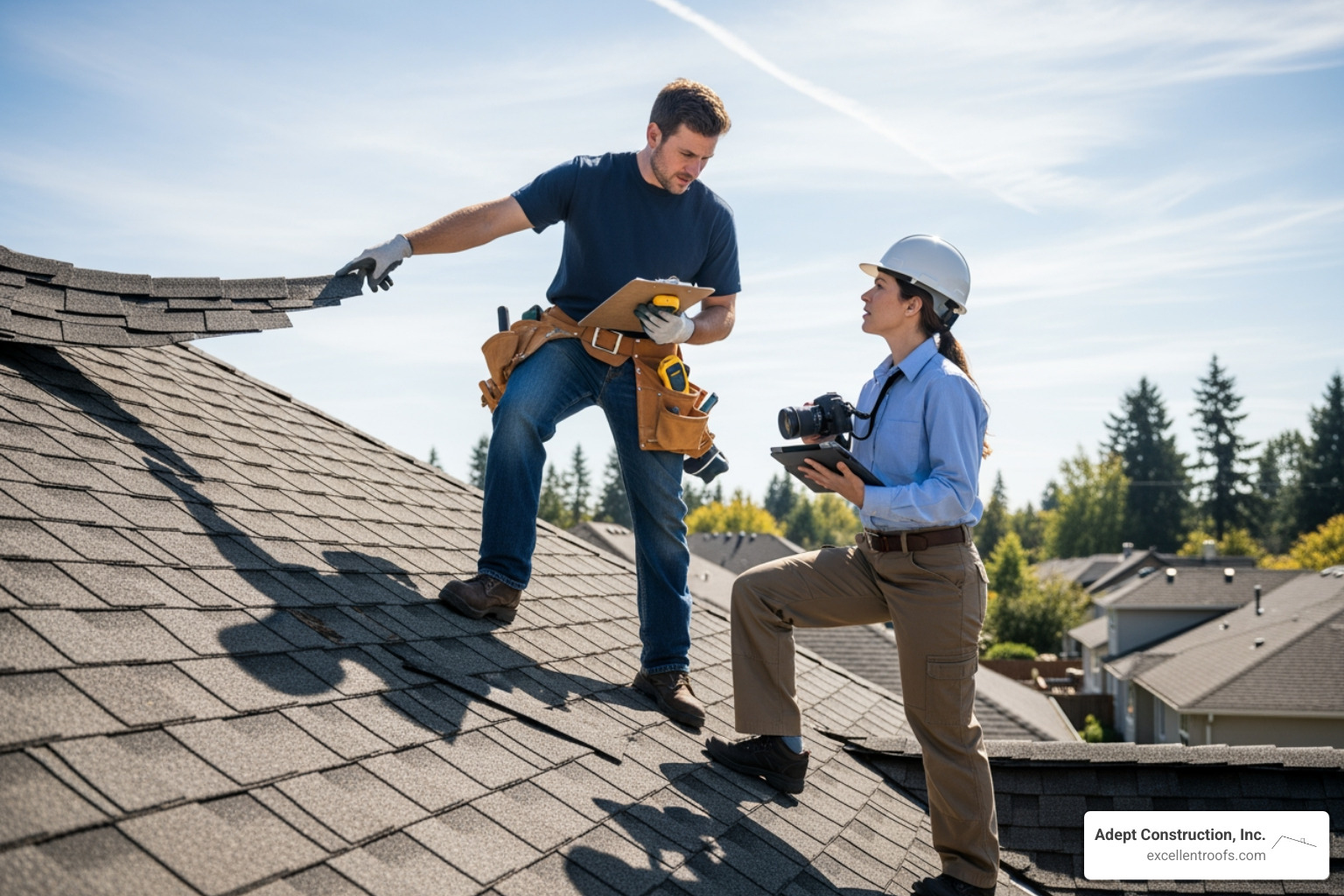 A roofing contractor and an insurance adjuster inspecting a roof together - wind damage roof repair illinois A roofing contractor and an insurance adjuster inspecting a roof together - wind damage roof repair illinois