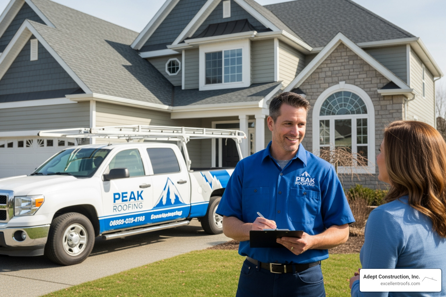 A professional roofer in uniform with a branded truck, talking to a homeowner - wind damage roof repair illinois A professional roofer in uniform with a branded truck, talking to a homeowner - wind damage roof repair illinois