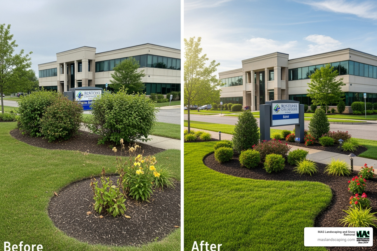 A lush, vibrant commercial landscape before and after a professional overhaul, showcasing improved curb appeal and functionality - commercial landscape contractors near me