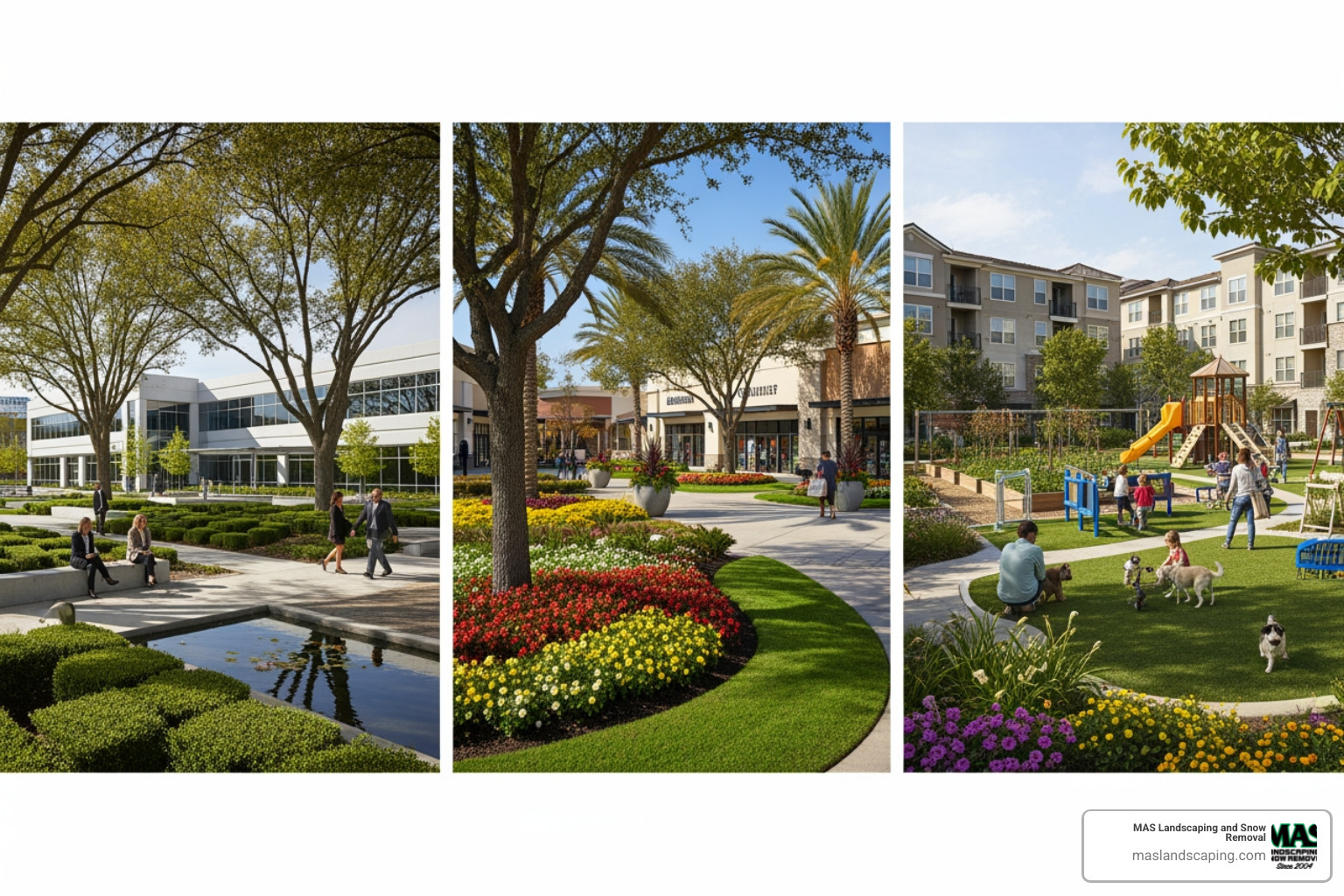 A diverse portfolio showcasing different types of commercial properties, including office parks, retail centers, and multi-family residences, each with unique landscape designs - commercial landscape contractors near me