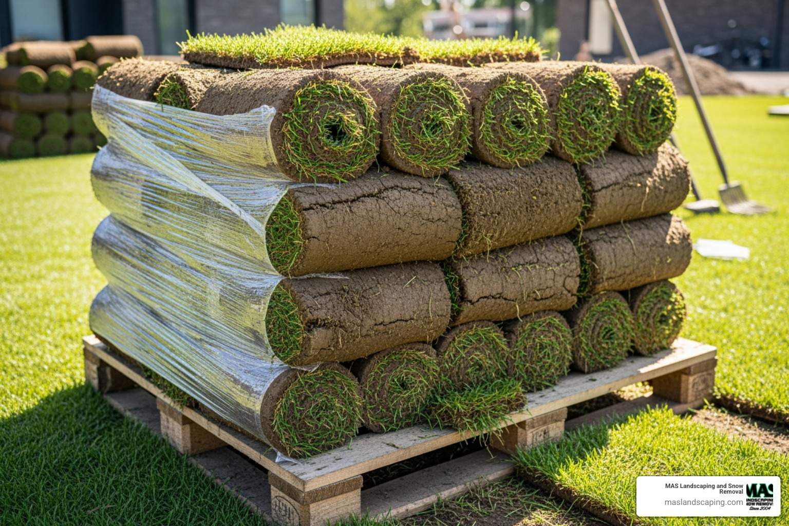 pallet of fresh sod rolls ready for installation - installing new grass sod