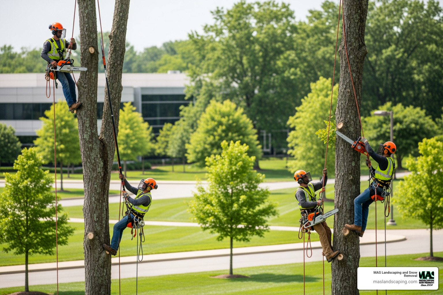 A professional landscaping crew working safely on a large commercial site, performing tree pruning with proper equipment and safety gear - commercial landscape contractors near me