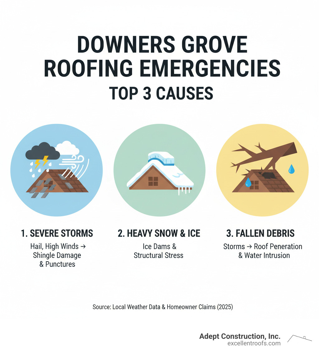 Infographic showing the top 3 causes of roofing emergencies in Downers Grove: 1) Severe thunderstorms with hail and high winds causing shingle damage and punctures, 2) Heavy snow and ice accumulation leading to ice dams and structural stress, 3) Fallen tree branches or debris from storms creating immediate roof penetration and water intrusion - emergency roof repair downers grove infographic 