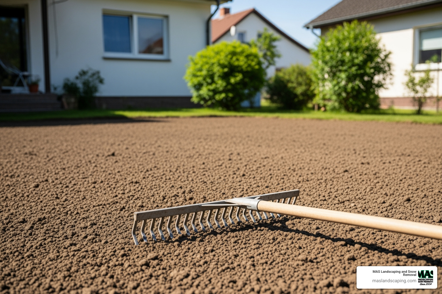 yard being prepped, showing tilled soil and a rake - installing new grass sod