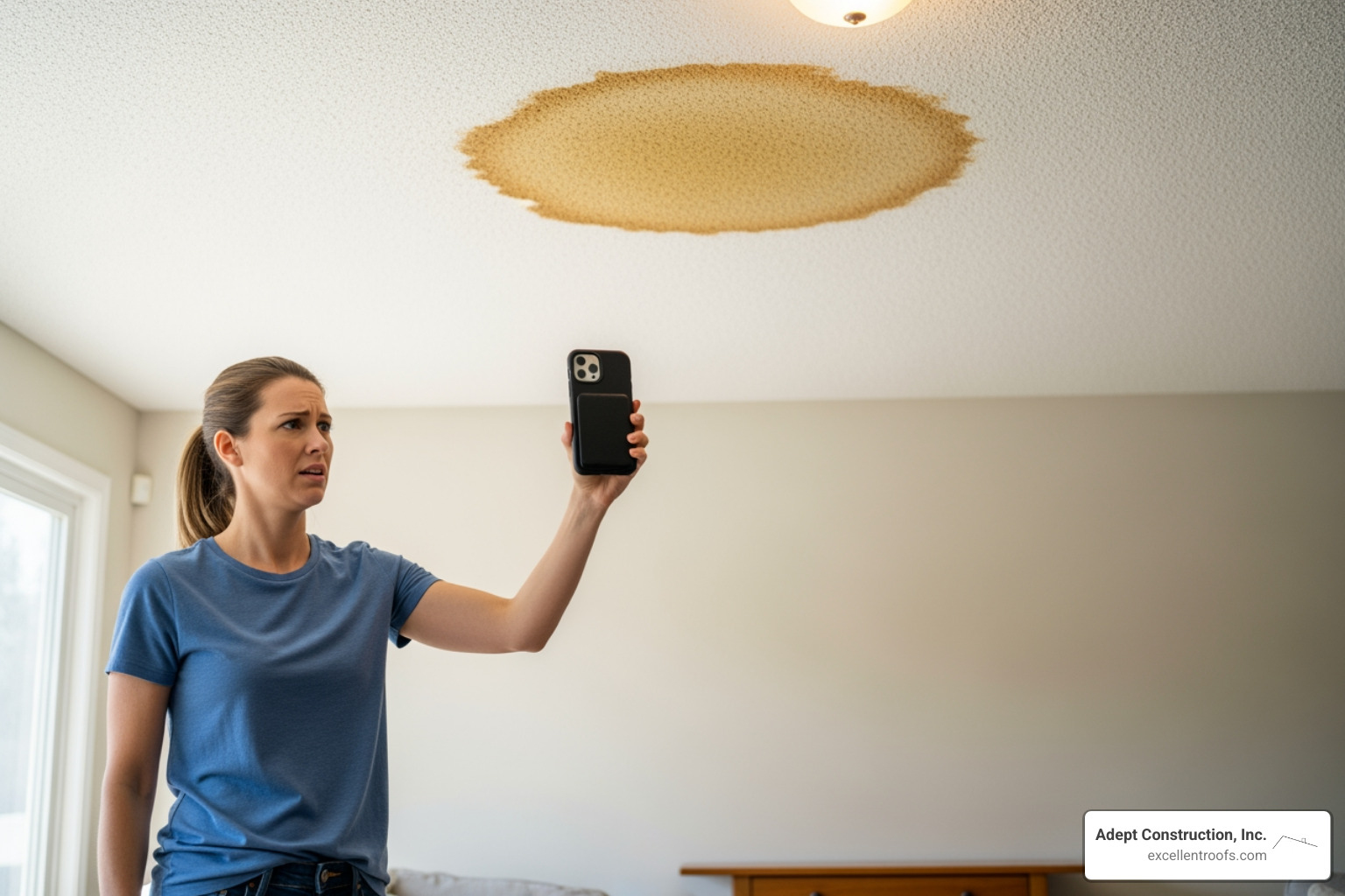 homeowner taking photos of ceiling water stain - emergency roof repair downers grove