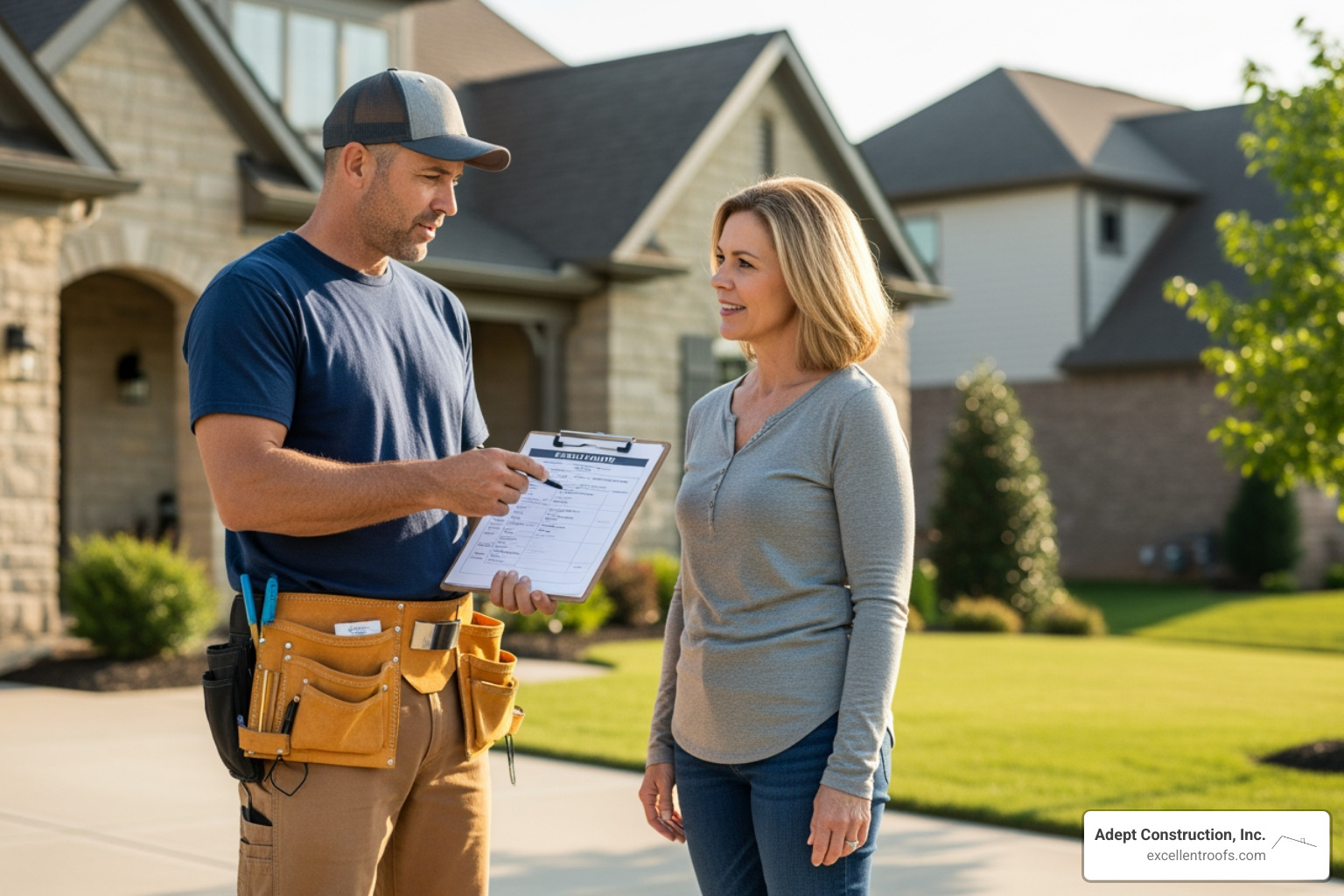 roofer providing written estimate to homeowner - emergency roof repair downers grove