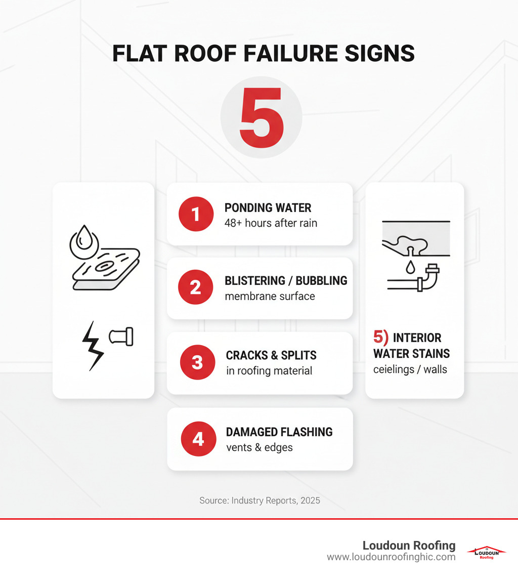 Infographic showing the 5 most common signs of flat roof failure: 1) Ponding water remaining 48+ hours after rain, 2) Blistering or bubbling in the membrane surface, 3) Visible cracks and splits in roofing material, 4) Damaged or separated flashing around vents and edges, 5) Interior water stains on ceilings or walls - flat roofing repair infographic 