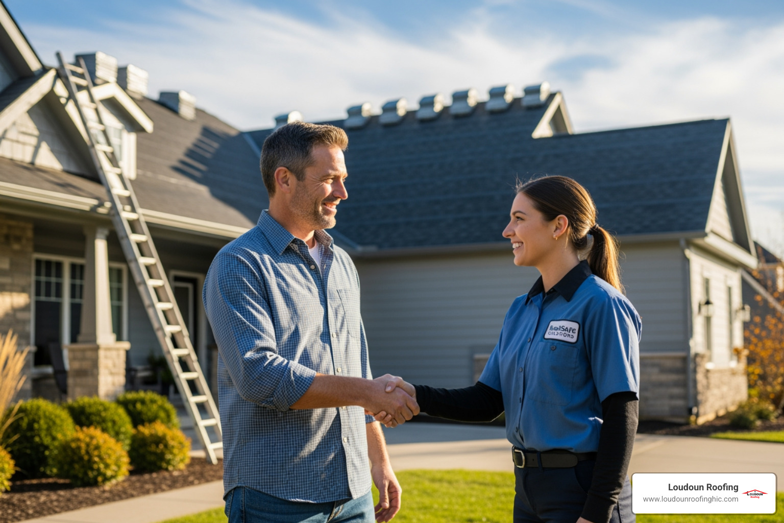 a homeowner shaking hands with a uniformed roofing contractor. - roof leak repair contractor