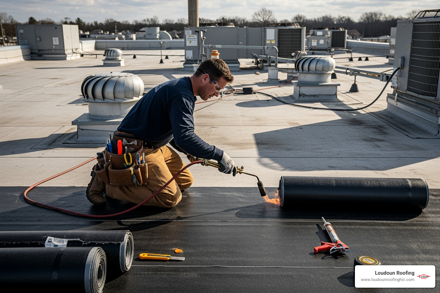 professional roofer working on flat roof - flat roofing repair