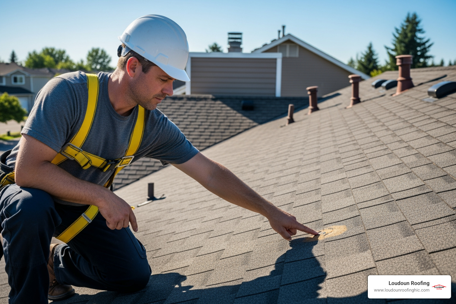 a roofer safely harnessed while inspecting a roof. - roof leak repair contractor