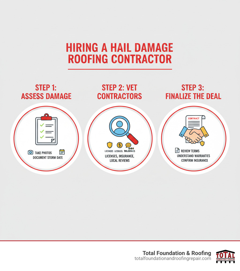 Infographic showing three steps to hiring a hail damage roofing contractor: Step 1 shows a clipboard with checkmarks labeled 'Assess Damage' including taking photos and documenting storm date; Step 2 shows a magnifying glass over a contractor profile labeled 'Vet Contractors' including checking licenses, insurance, and local reviews; Step 3 shows a contract with a handshake labeled 'Finalize the Deal' including reviewing contract terms, understanding warranties, and confirming insurance coverage - hail damage roofing contractors infographic 