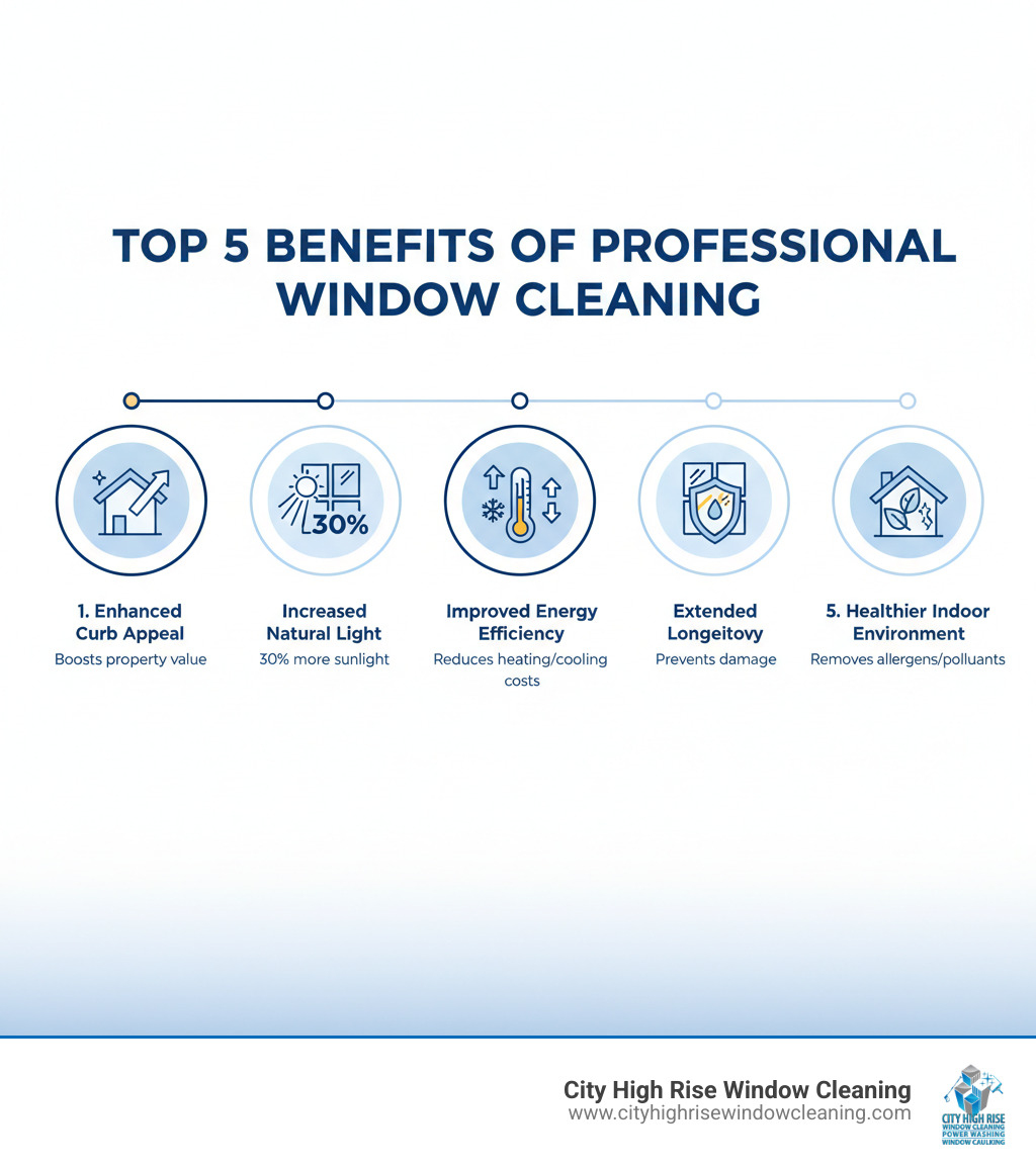 Infographic showing the top 5 benefits of professional window cleaning: 1. Enhanced Curb Appeal - Clean windows boost property value and first impressions. 2. Increased Natural Light - Spotless glass allows 30% more sunlight into your space. 3. Improved Energy Efficiency - Clean windows reduce heating and cooling costs. 4. Extended Window Longevity - Regular cleaning prevents glass degradation and hard water damage. 5. Healthier Indoor Environment - Removes allergens, pollen, and pollutants from sills and tracks. - home window washing near me infographic Infographic showing the top 5 benefits of professional window cleaning: 1. Enhanced Curb Appeal - Clean windows boost property value and first impressions. 2. Increased Natural Light - Spotless glass allows 30% more sunlight into your space. 3. Improved Energy Efficiency - Clean windows reduce heating and cooling costs. 4. Extended Window Longevity - Regular cleaning prevents glass degradation and hard water damage. 5. Healthier Indoor Environment - Removes allergens, pollen, and pollutants from sills and tracks. - home window washing near me infographic