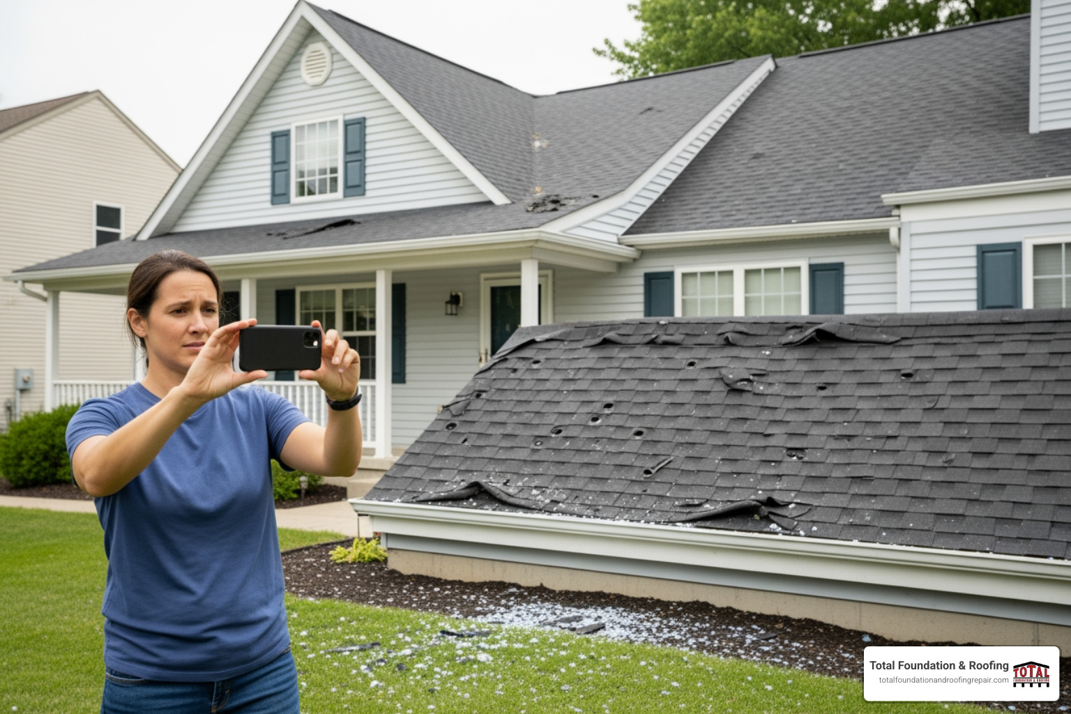 homeowner taking picture of damaged roof - hail damage roofing contractors