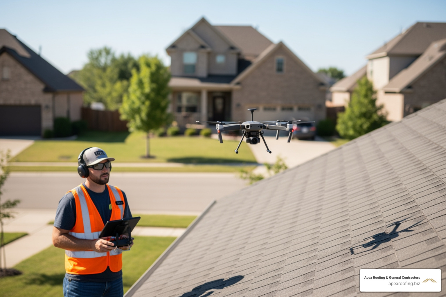 Roofing contractor inspecting a roof with a drone - roof inspection alamo heights tx