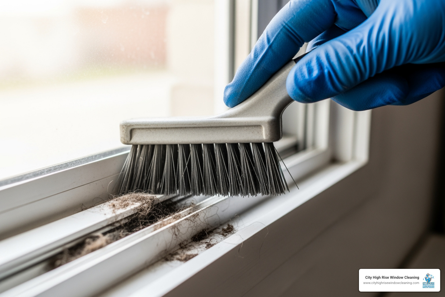 Professional cleaning a window track with a specialized brush - home window washing near me Professional cleaning a window track with a specialized brush - home window washing near me