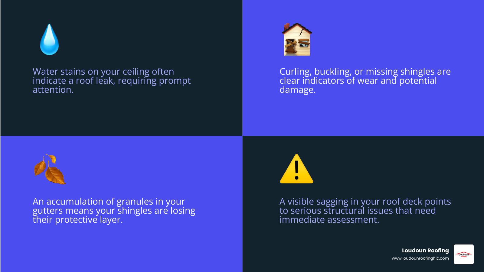 Infographic showing warning signs of roof damage including water stains on ceilings, curling or missing shingles, granules in gutters, sagging areas, and moss growth, with recommended inspection frequency of twice yearly - handyman roofer near me infographic 4_facts_emoji_blue