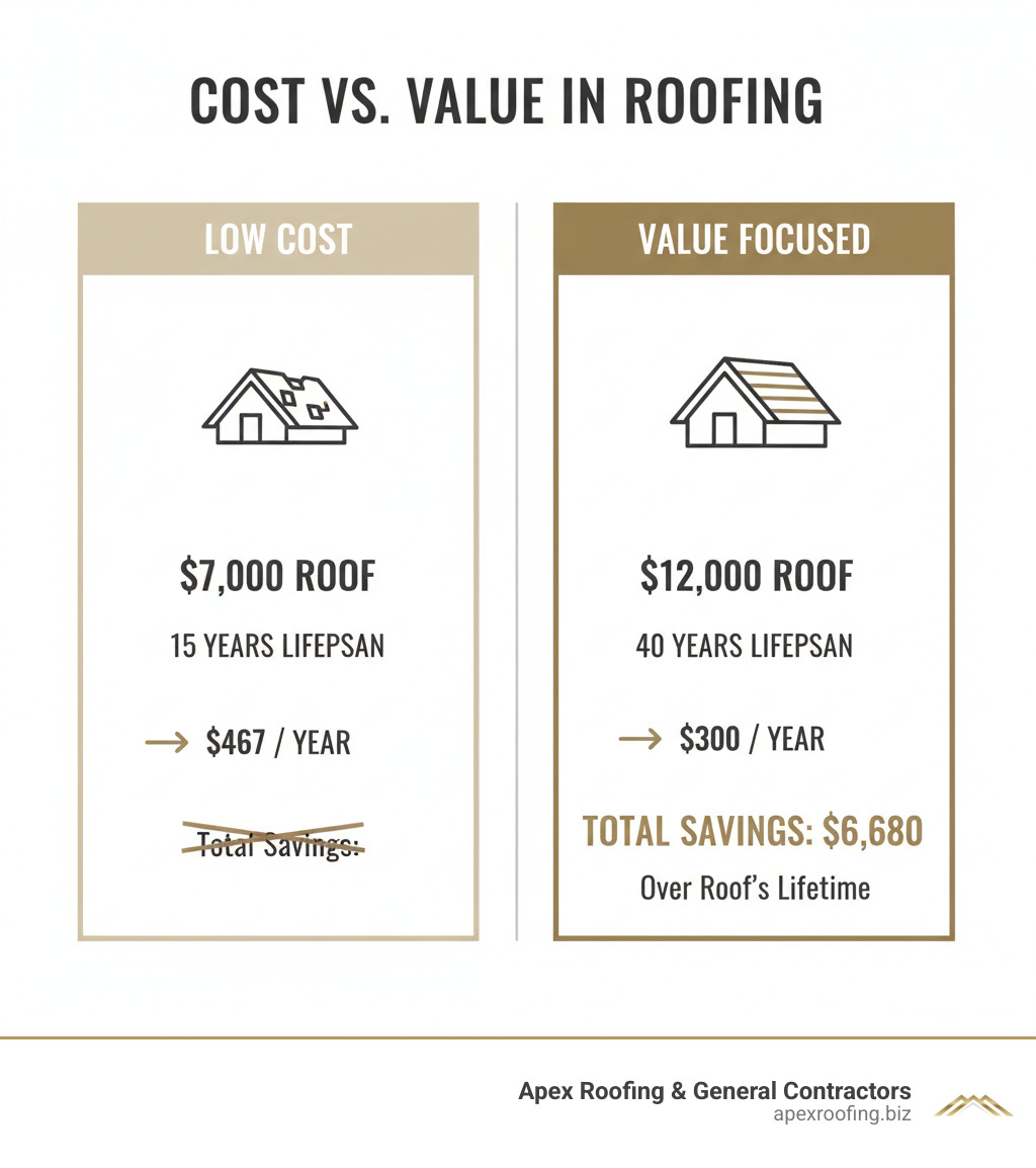 Infographic comparing cost vs. value in roofing: A low-cost $7,000 roof lasting 15 years equals $467 per year, while a value-focused $12,000 roof lasting 40 years equals only $300 per year, showing total savings of $6,680 over the roof's lifetime - Affordable roofing options infographic 