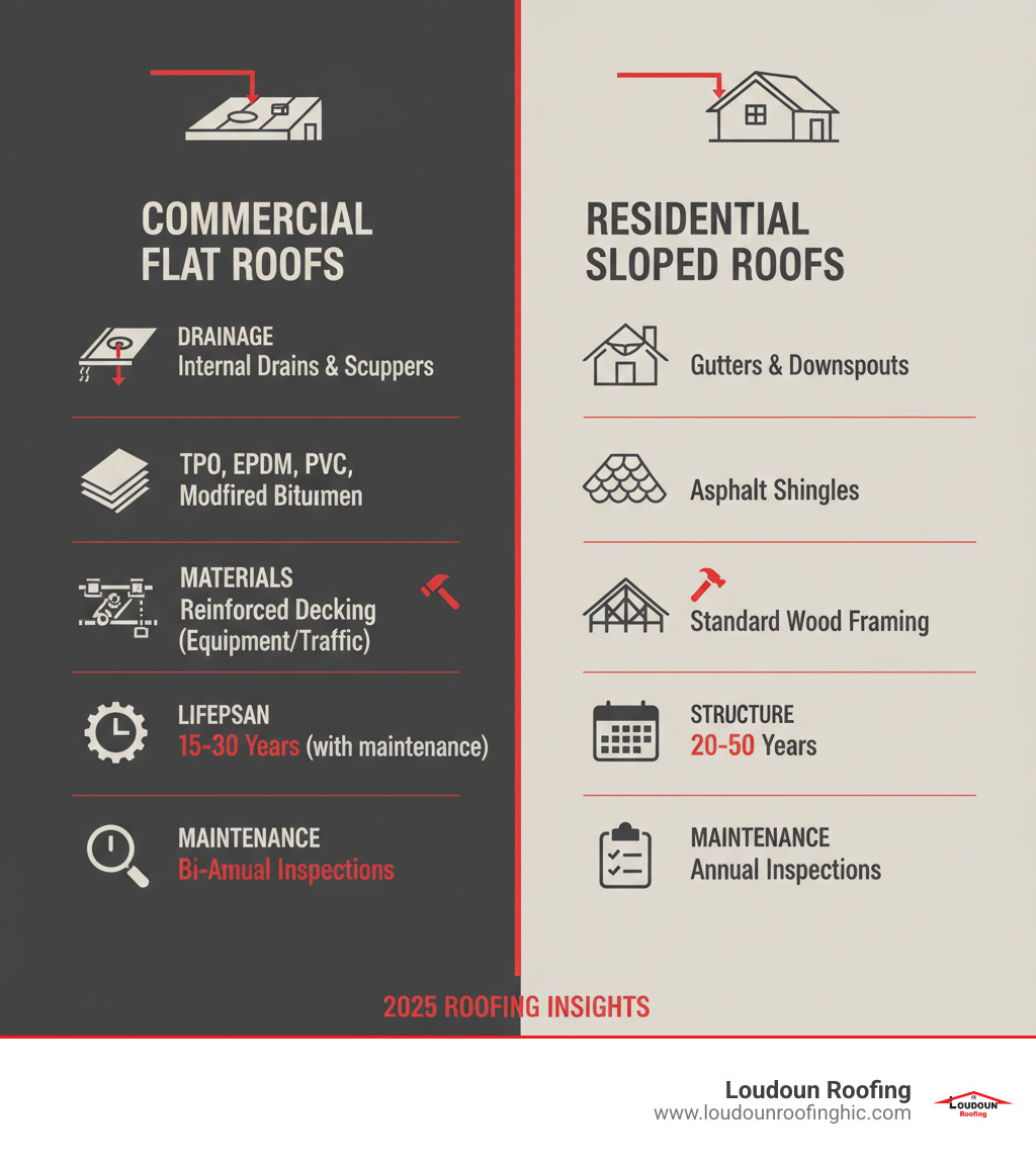 Infographic showing key differences between commercial flat roofs and residential sloped roofs including drainage requirements (internal drains and scuppers vs gutters), materials used (TPO, EPDM, PVC, Modified Bitumen vs asphalt shingles), structural support needs (reinforced decking for equipment and foot traffic vs standard framing), typical lifespan (15-30 years with proper maintenance vs 20-50 years), and maintenance frequency (bi-annual inspections required vs annual inspections) - flat roofer infographic 