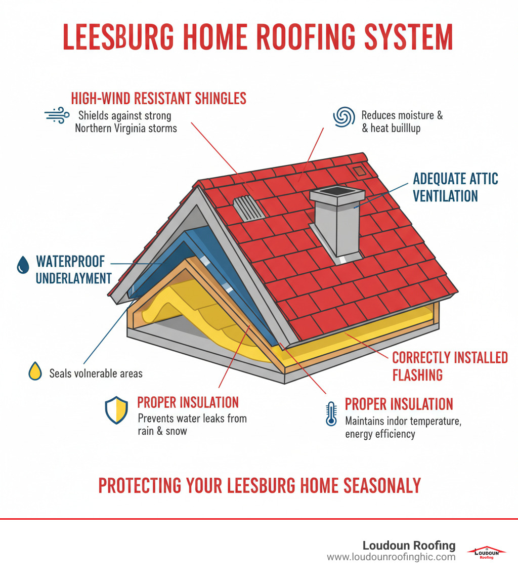 Infographic showing the essential components of a quality roofing system including high-wind resistant shingles, proper underlayment for waterproofing, correctly installed flashing around chimneys and valleys, adequate attic ventilation for moisture control, and proper insulation for energy efficiency, with annotations showing how each component protects your Leesburg home from Northern Virginia's seasonal weather patterns - roofing company Leesburg infographic 