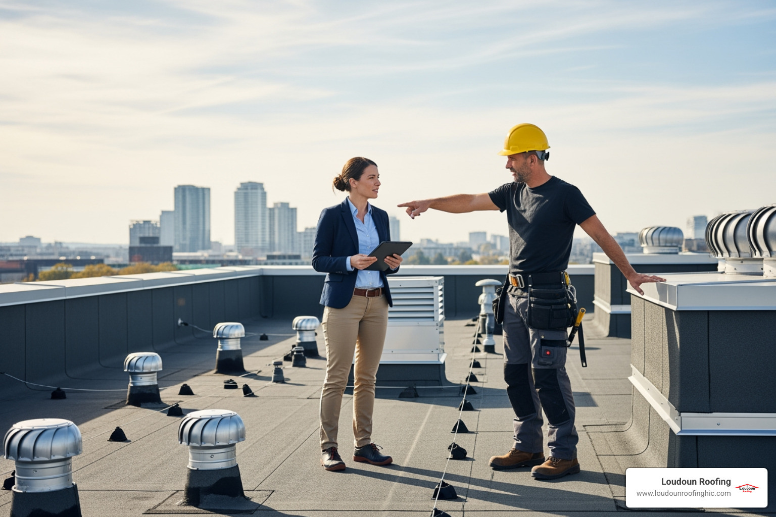 property manager speaking with a roofer on a commercial rooftop - flat roofer