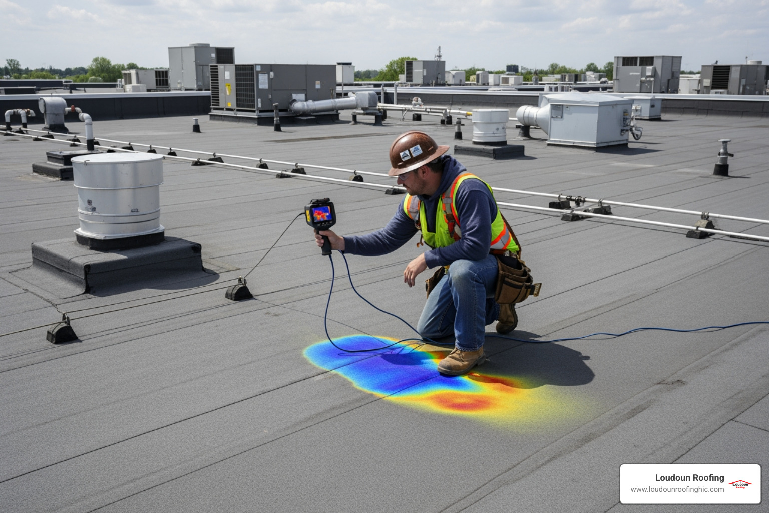 roofer using a thermal camera to detect a leak on a flat roof - flat roofer