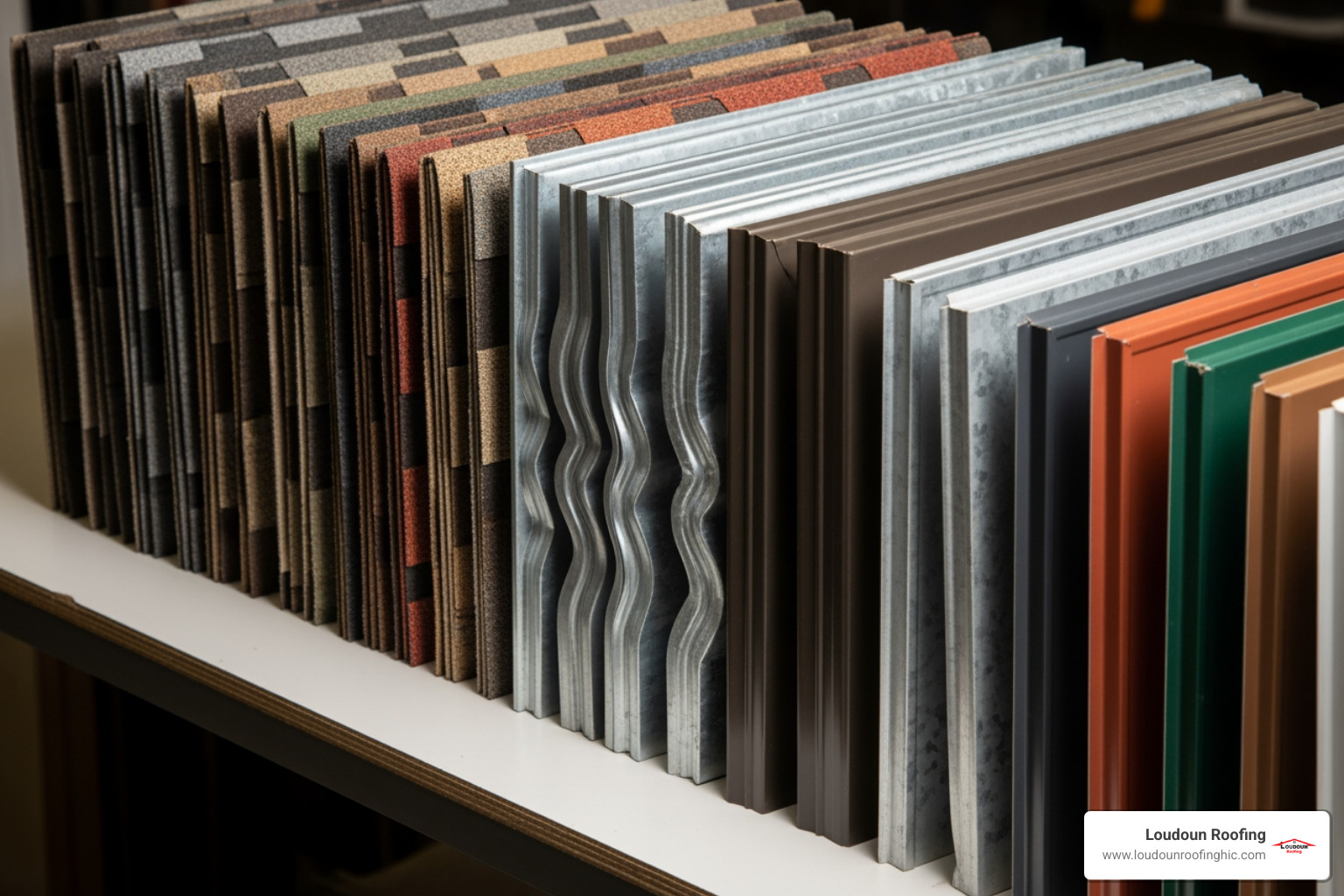 various roofing material samples like asphalt shingles and metal panels - roofing company Leesburg