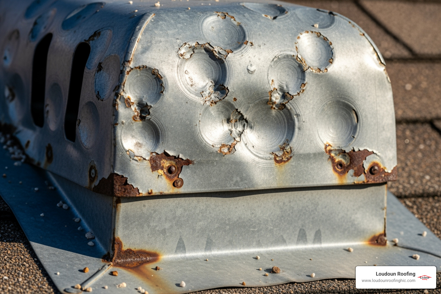 hail damage indentations on a metal roof vent - roofing company Leesburg