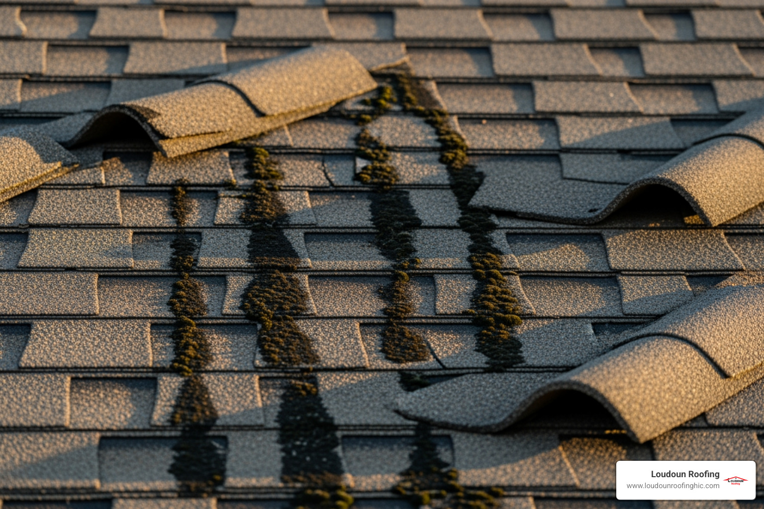 damaged roof showing curled shingles and dark streaks - roofing company Leesburg
