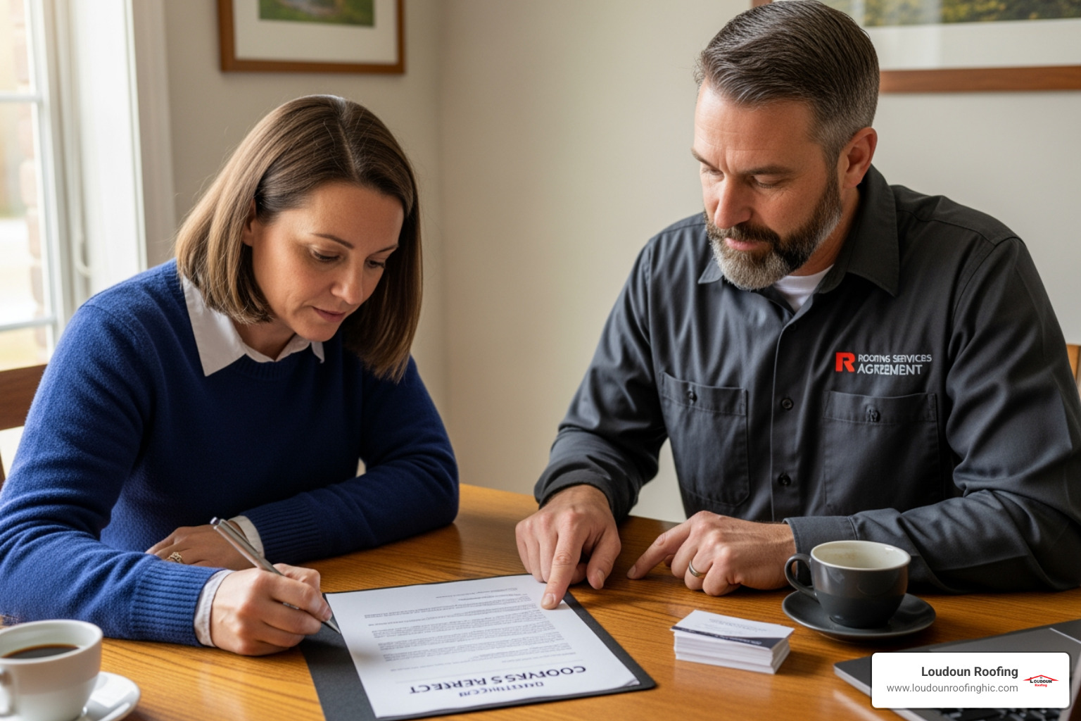 homeowner reviewing a contract with a professional roofer - roofing company Leesburg