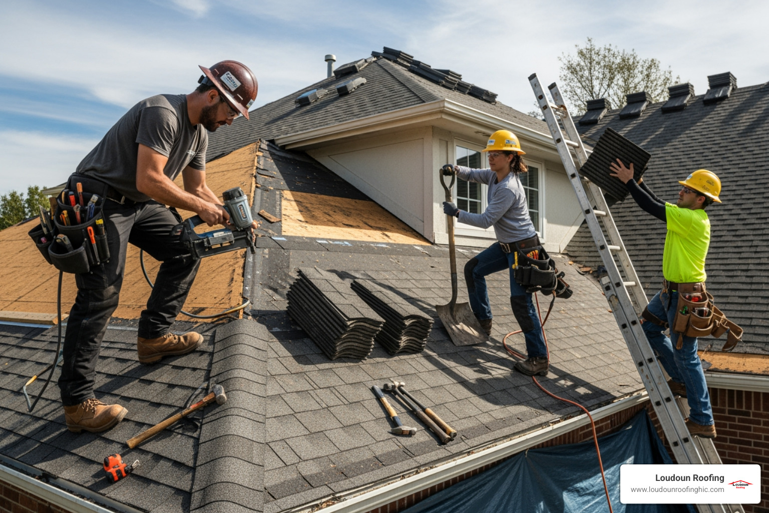 professional roofing crew safely working on a residential roof replacement - roofing company Leesburg