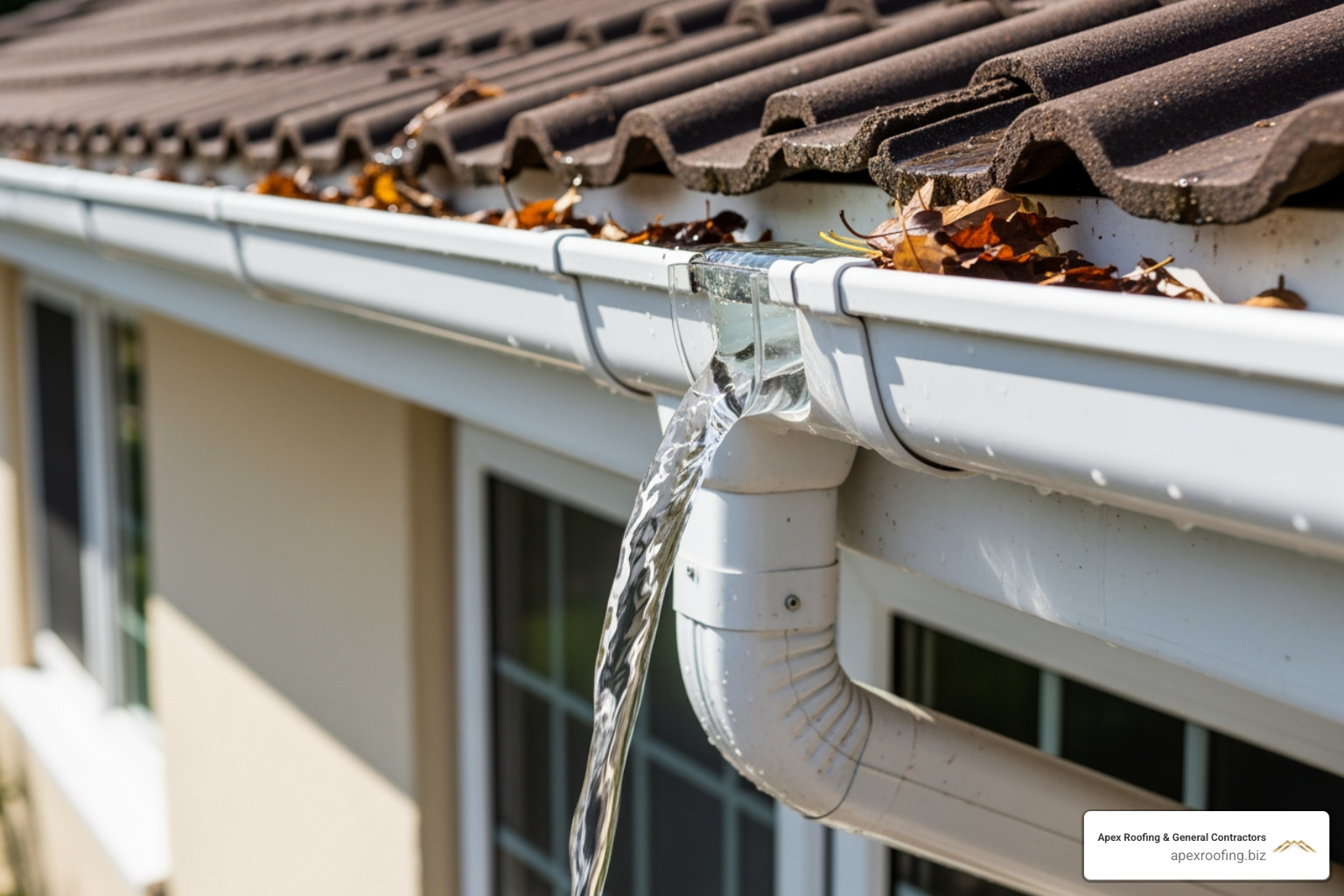A clean gutter with clear downspout, showing good drainage. - how to repair a hole in a shingle roof