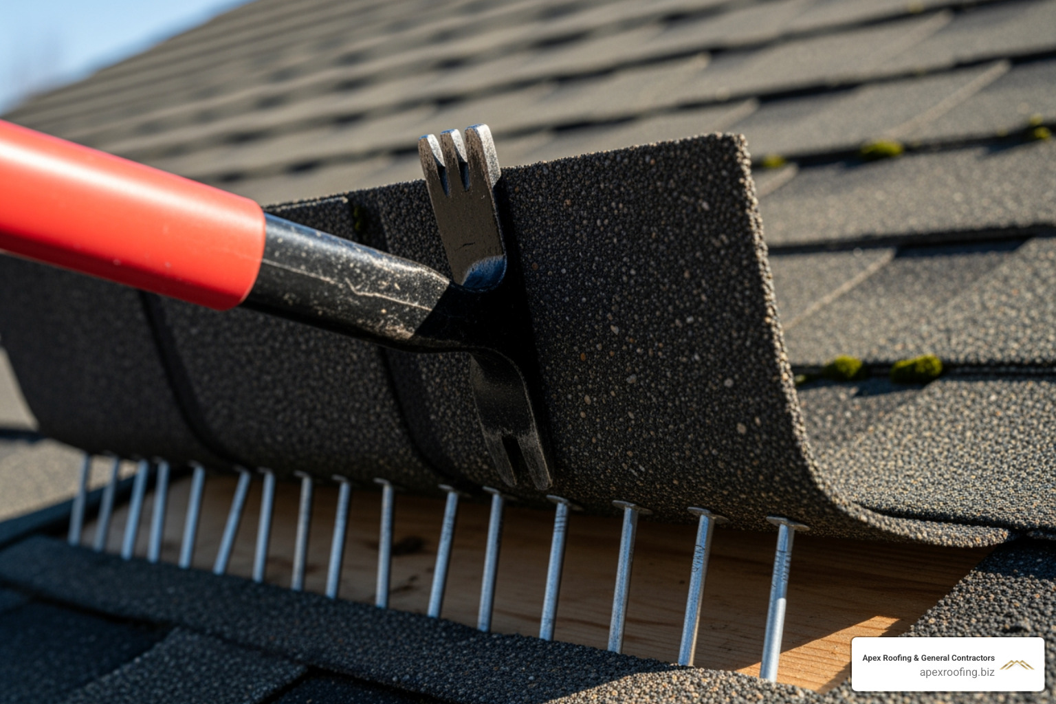 A pry bar gently lifting a shingle to expose roofing nails. - how to repair a hole in a shingle roof