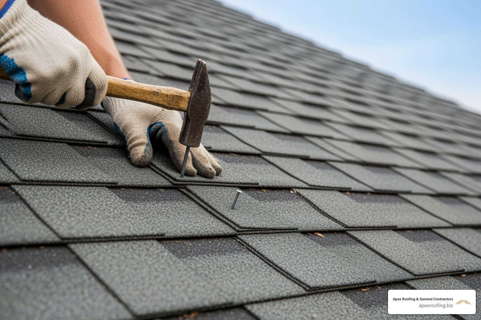 New shingles being nailed into place in a staggered pattern. - how to repair a hole in a shingle roof