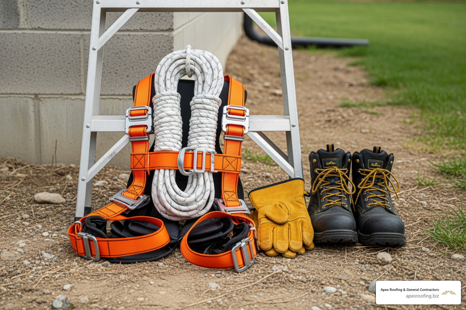 essential roofing safety gear: harness, rope, gloves, and sturdy boots next to a ladder. - how to repair a hole in a shingle roof