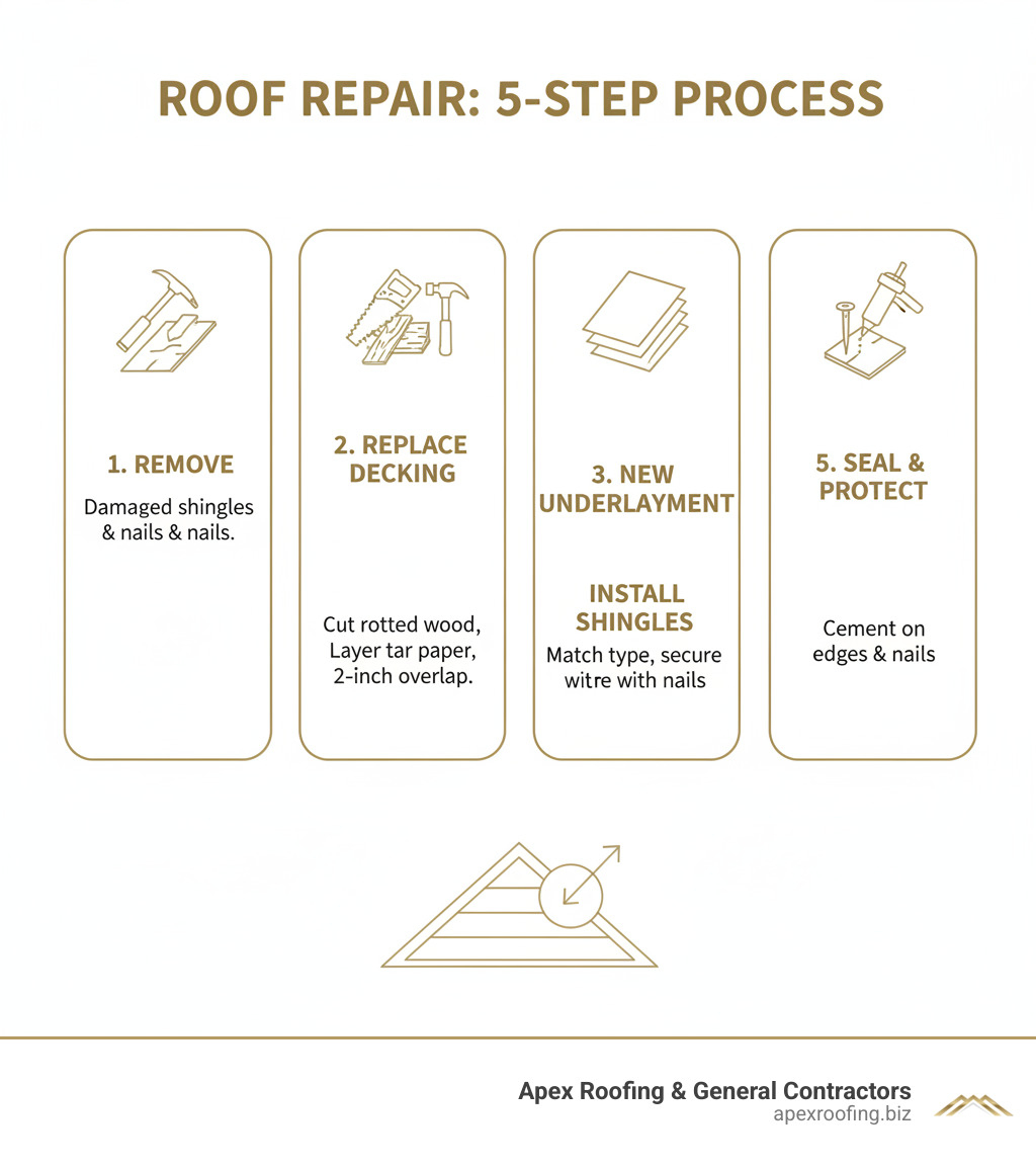 Infographic showing the 5-step process for repairing a hole in a shingle roof: 1) Remove damaged shingles with pry bar and hammer, 2) Cut out rotted decking and install support braces, 3) Layer new tar paper underlayment with proper overlap, 4) Install matching replacement shingles with correct nail pattern, 5) Seal all edges and nail heads with roofing cement for waterproof protection - how to repair a hole in a shingle roof infographic 