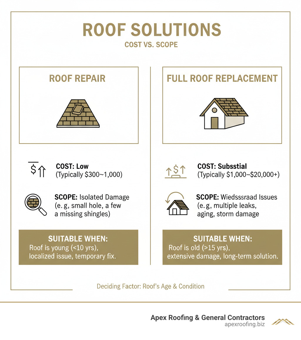 Infographic comparing the cost and scope of roof repair versus full roof replacement, highlighting when each option is more suitable. - how to repair a hole in a shingle roof infographic 