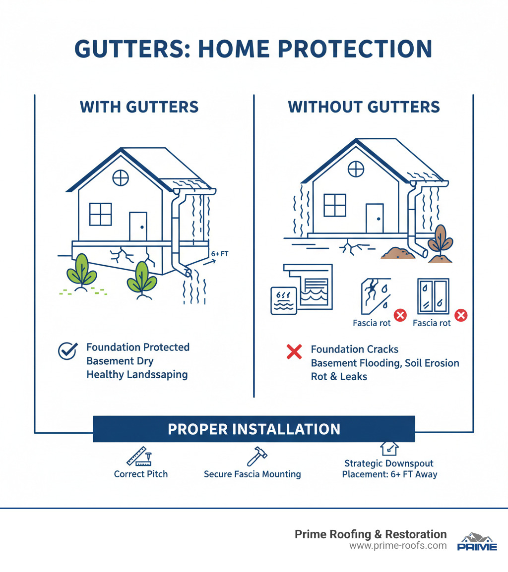 Infographic showing how gutters protect homes: rainwater flows from roof into gutters, through downspouts, and away from foundation; without gutters, water causes foundation cracks, basement flooding, soil erosion around landscaping, fascia rot, siding damage, and window leaks; proper installation includes correct pitch for drainage, secure fascia mounting, and strategic downspout placement directing water 6+ feet from foundation - gutter installation Alabaster infographic Infographic showing how gutters protect homes: rainwater flows from roof into gutters, through downspouts, and away from foundation; without gutters, water causes foundation cracks, basement flooding, soil erosion around landscaping, fascia rot, siding damage, and window leaks; proper installation includes correct pitch for drainage, secure fascia mounting, and strategic downspout placement directing water 6+ feet from foundation - gutter installation Alabaster infographic