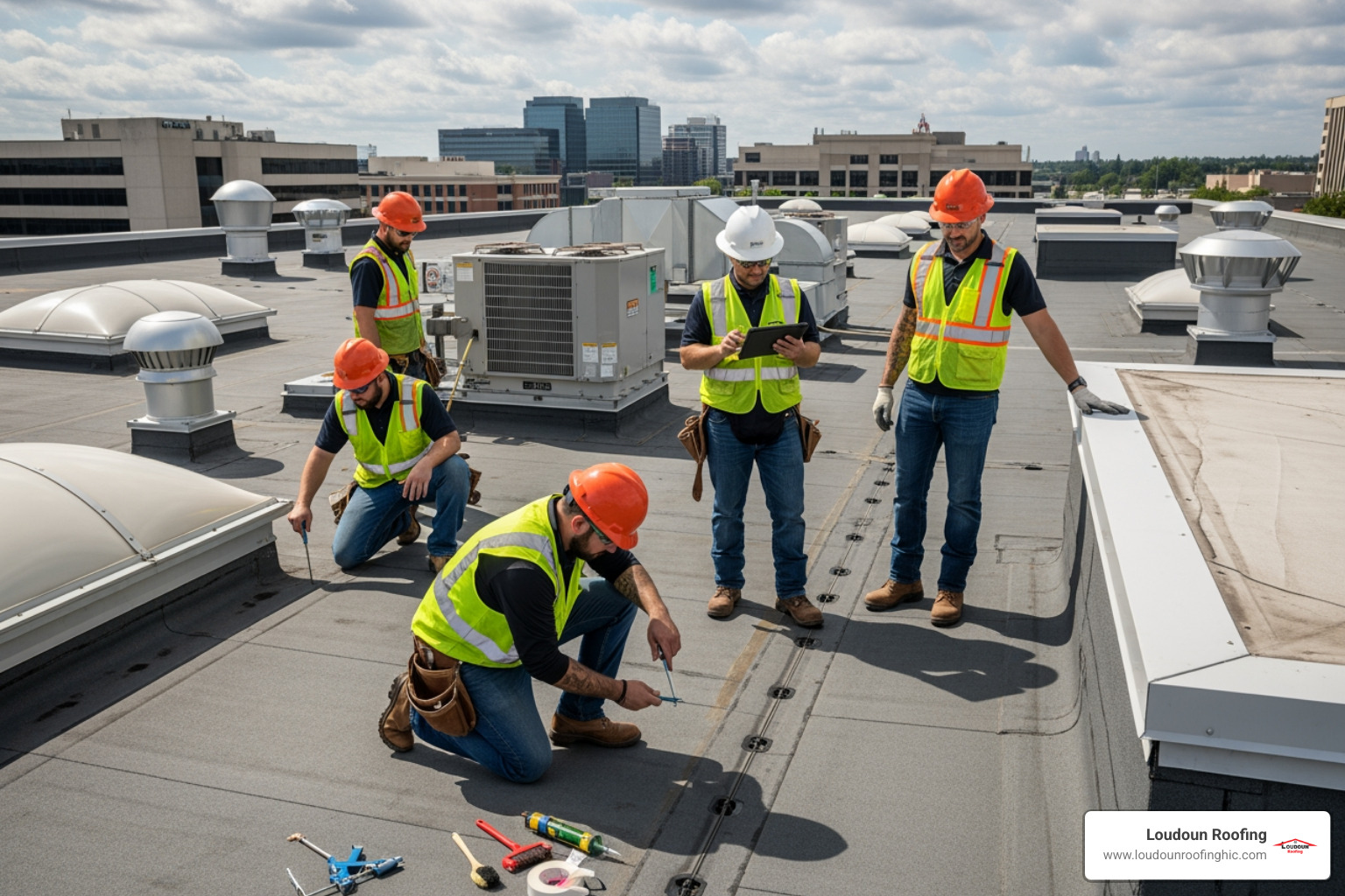 roofing crew performing a maintenance check on a flat roof - commercial roofing Northern Virginia