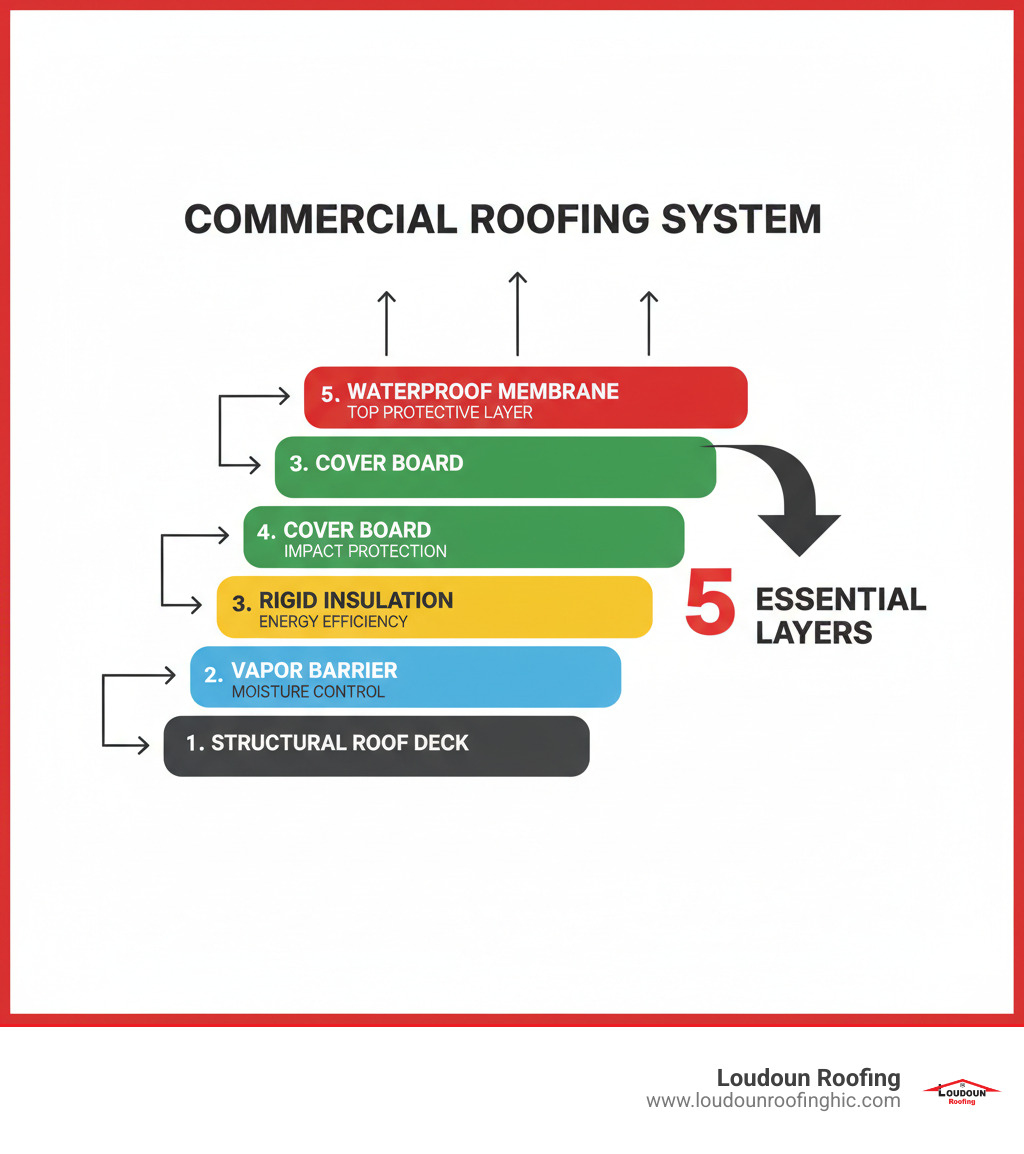 Infographic showing the five essential layers of a commercial roofing system: structural roof deck at the base, followed by vapor barrier for moisture control, rigid insulation for energy efficiency, cover board for impact protection, and waterproof membrane as the top protective layer, with labels and arrows indicating each component - roofing services infographic 