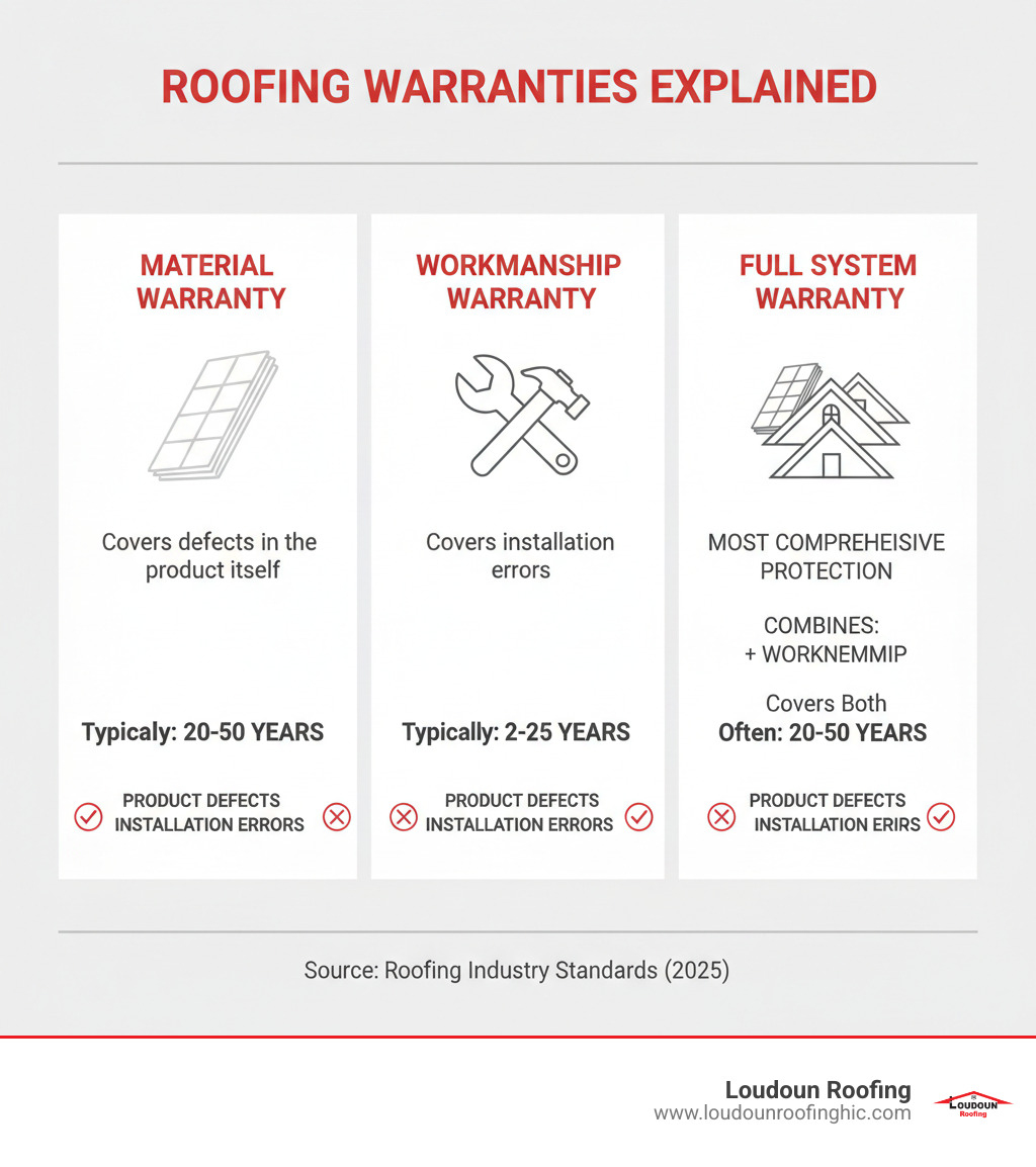 Infographic comparing manufacturer material warranty vs. contractor workmanship warranty, highlighting that material warranties cover defects in the product itself, often for 20-50 years, while workmanship warranties cover installation errors, typically for 2-25 years, with full system warranties combining both and offering the most comprehensive protection. - roofing services infographic 