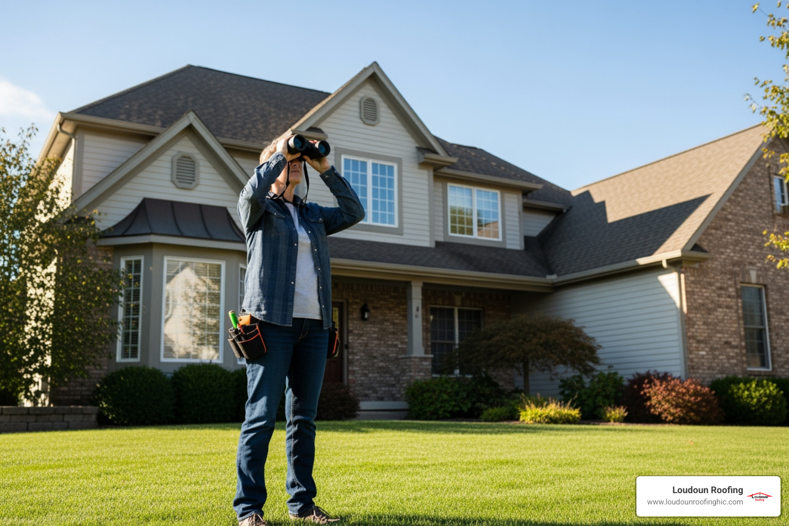 homeowner inspecting their roof from the ground with binoculars - licensed roofers in my area