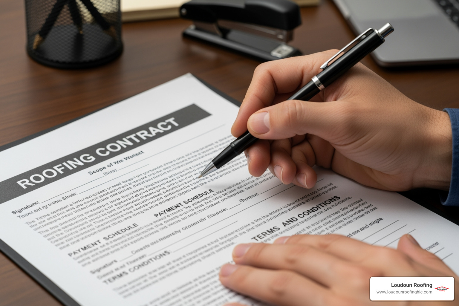 person reviewing a roofing contract with a pen - licensed roofers in my area
