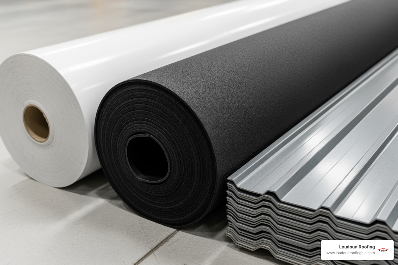 showcasing rolls of TPO, EPDM, and metal roofing panels side-by-side - roofing services