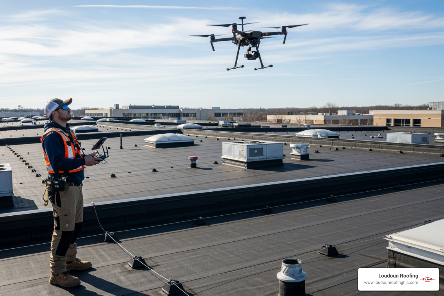 roofer using a drone to inspect a large commercial roof - roofing services